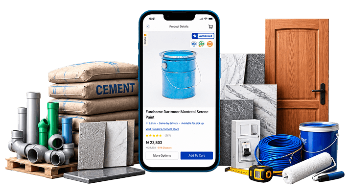 Pallets of cement, pipes and tiles beside a loaded delivery truck, with a product page open on a phone in front of them